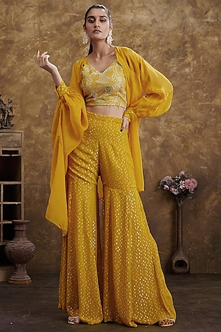 Yellow Jacquard Sharara Set by Affroz