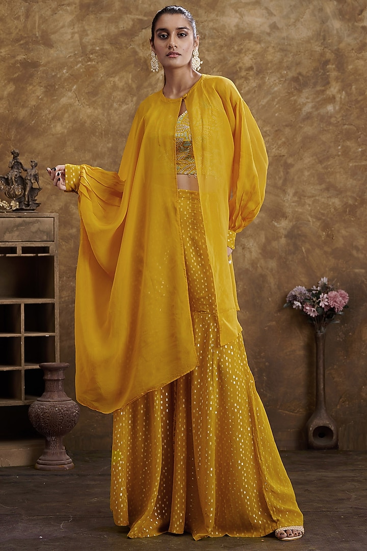 Yellow Jacquard Party Wear Sharara Set by Affroz at Pernia's Pop Up Shop