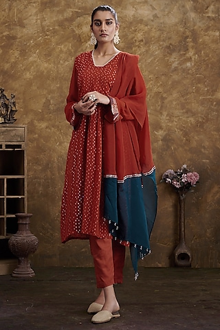 Orange Jacquard Embroidered Kurta Set by Affroz