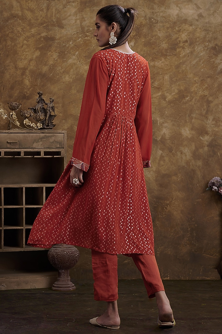 Orange Jacquard Embroidered Kurta Set by Affroz at Pernia's Pop Up Shop