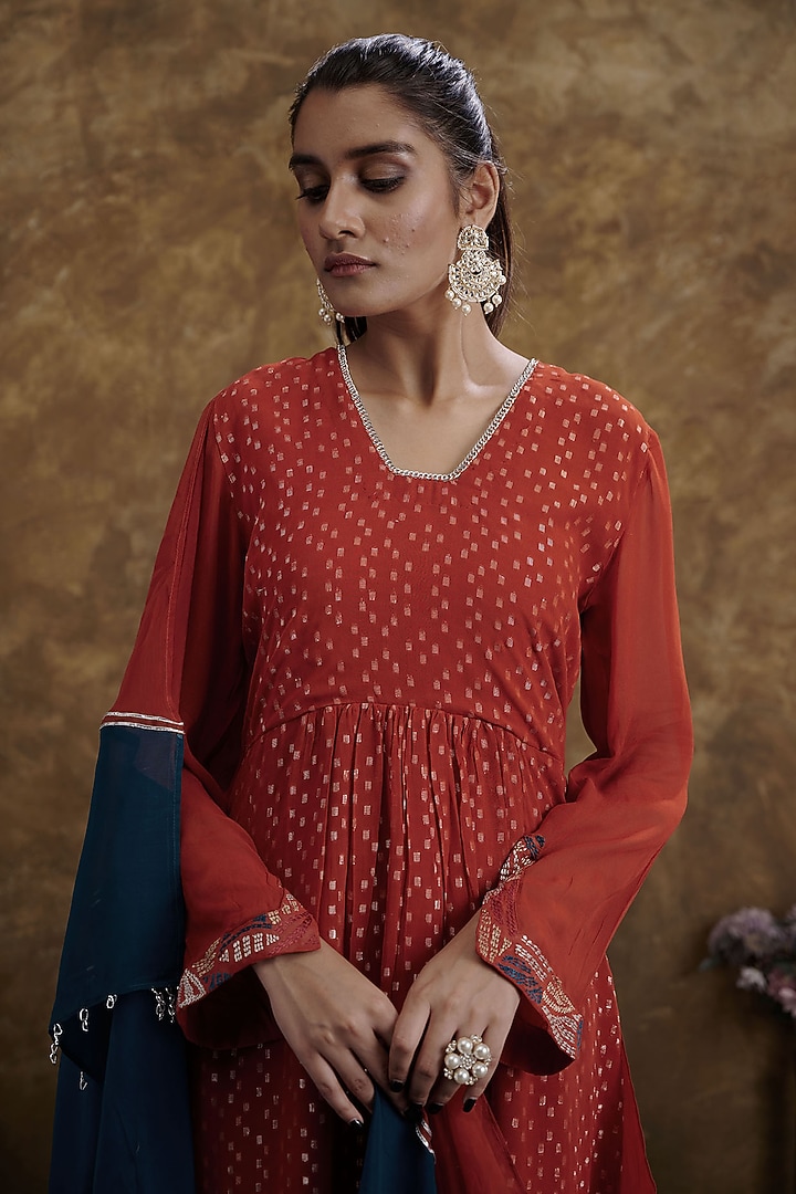 Orange Jacquard Embroidered Kurta Set by Affroz at Pernia's Pop Up Shop