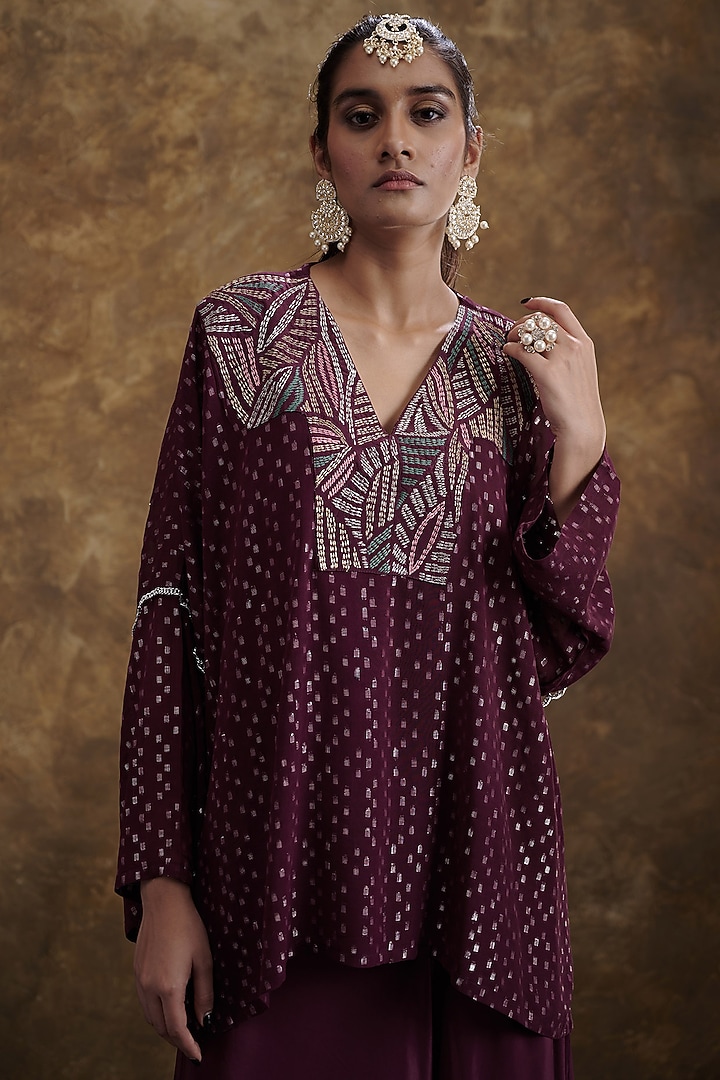 Wine Embroidered Kurta Set by Affroz at Pernia's Pop Up Shop