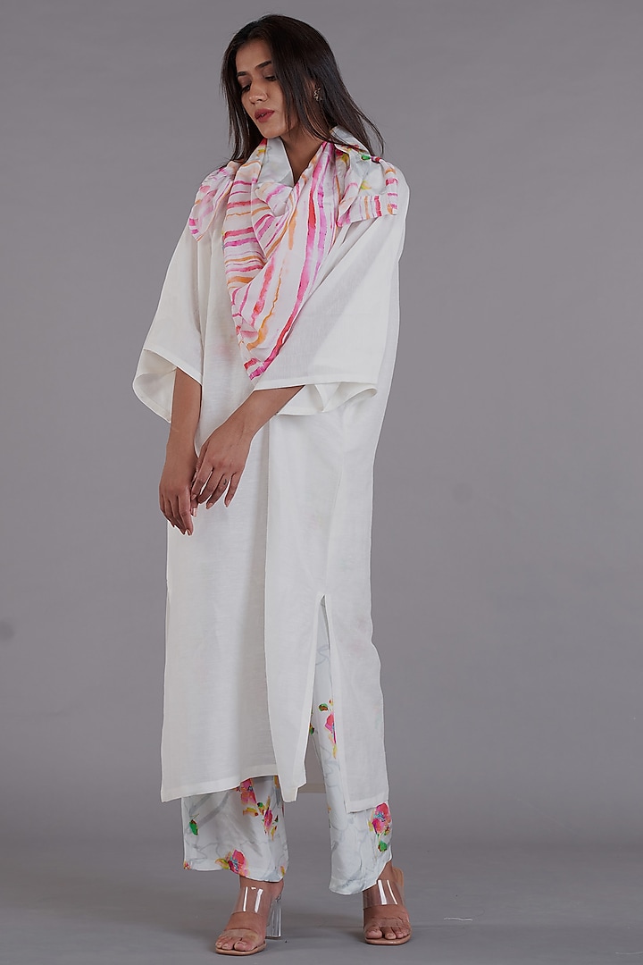 White Viscose Linen Kimono Kurta Set by Affroz