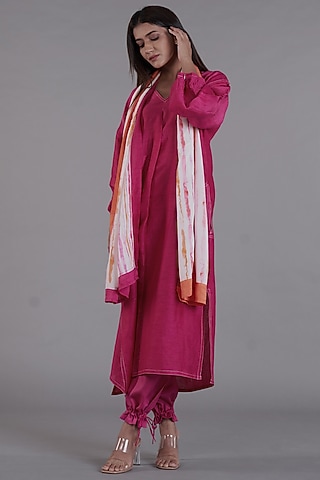 Hot Pink Viscose Linen Kurta Set by Affroz