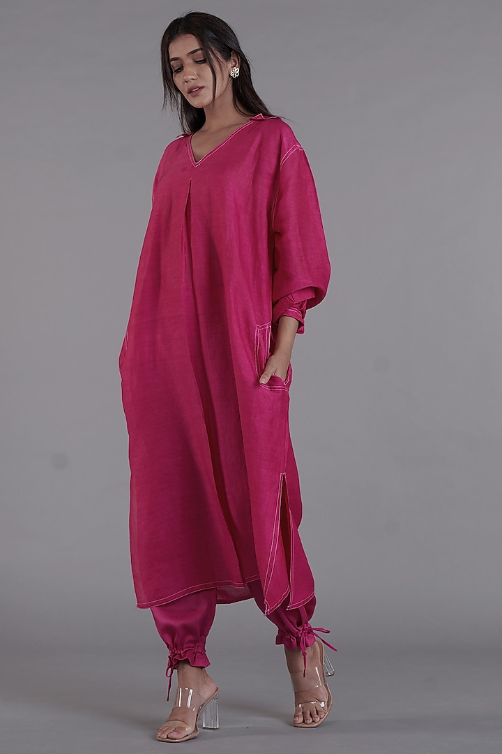 Hot Pink Viscose Linen Kurta Set by Affroz at Pernia's Pop Up Shop