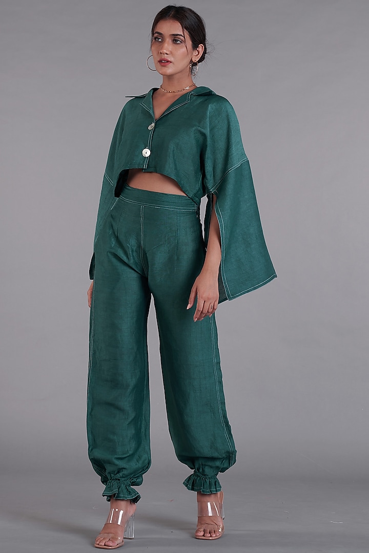 Midnight Green Viscose Linen CO-Ord Set by Affroz