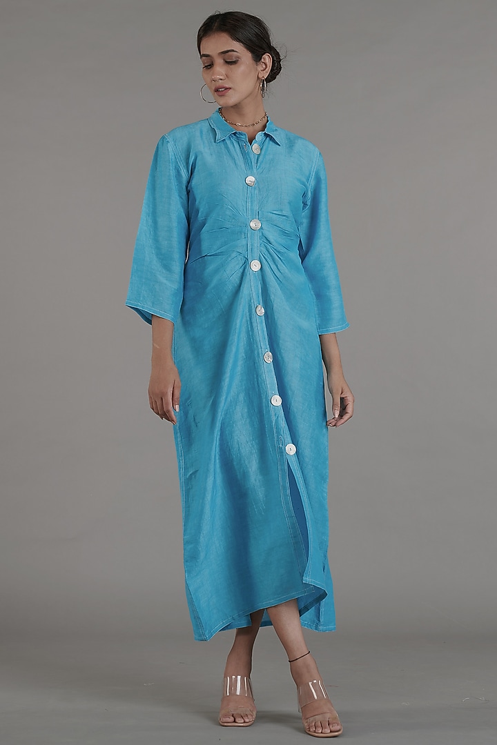 Sky Blue Viscose Linen Summer Dress by Affroz at Pernia's Pop Up Shop