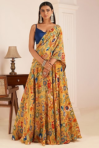 Mustard Yellow Viscose Crepe Digital Printed Lehenga Saree Set by Affroz