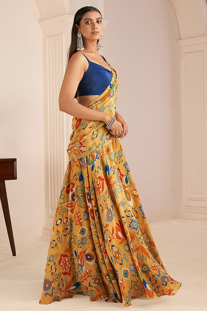 Mustard Yellow Viscose Crepe Digital Printed Party Wear Lehenga Saree Set by Affroz at Pernia's Pop Up Shop