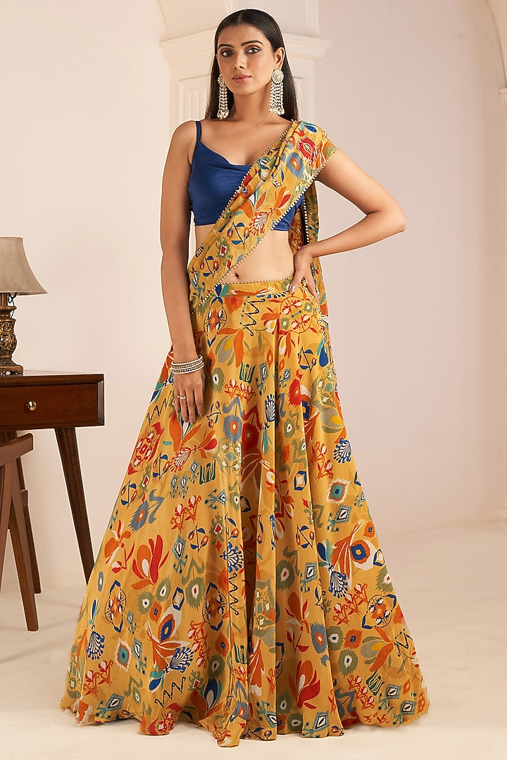 Mustard Yellow Viscose Crepe Digital Printed Party Wear Lehenga Saree Set by Affroz at Pernia's Pop Up Shop
