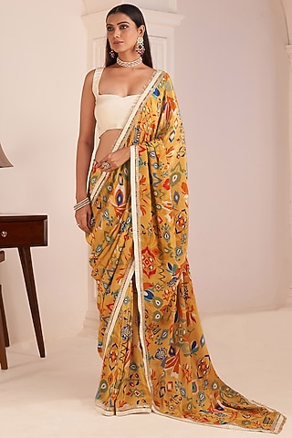 Mustard Yellow Viscose Crepe Digital Printed Saree Set by Affroz