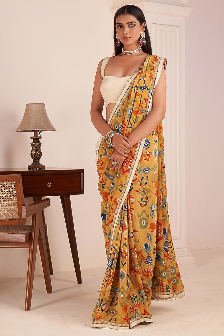 Mustard Yellow Viscose Crepe Digital Printed Party Wear Saree Set by Affroz at Pernia's Pop Up Shop