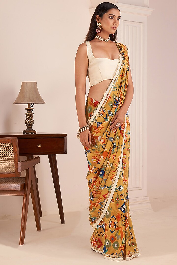 Mustard Yellow Viscose Crepe Digital Printed Party Wear Saree Set by Affroz at Pernia's Pop Up Shop