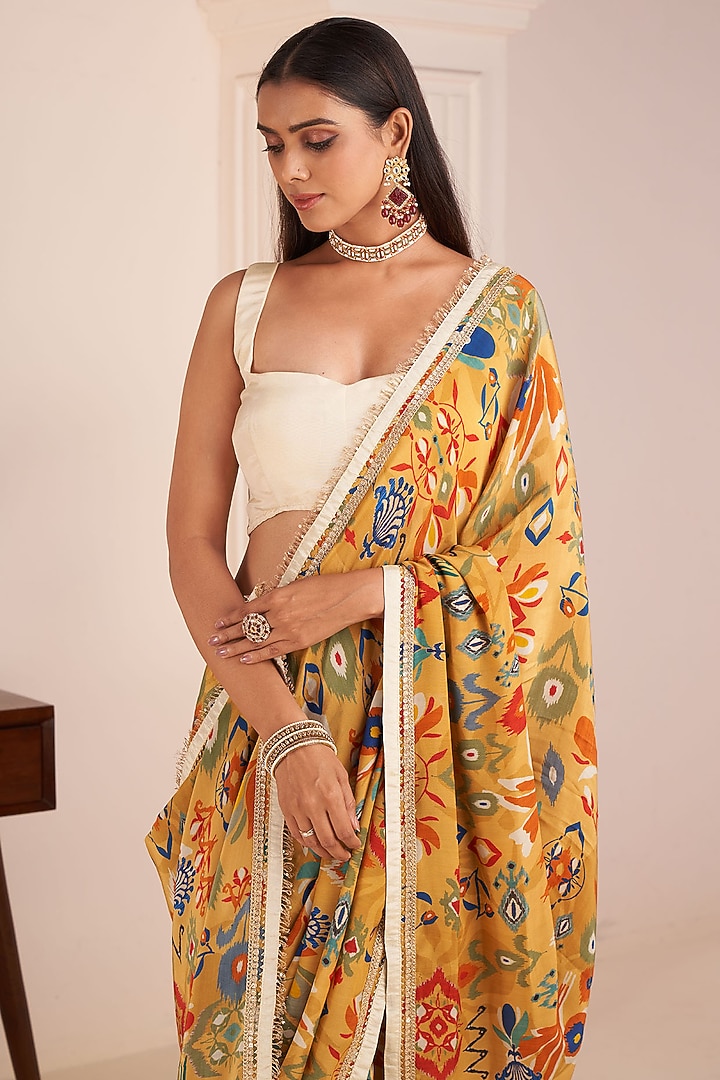 Mustard Yellow Viscose Crepe Digital Printed Party Wear Saree Set by Affroz at Pernia's Pop Up Shop