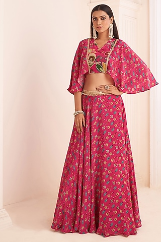 Hot Pink Viscose Crepe Digital Printed Lehenga Set by Affroz
