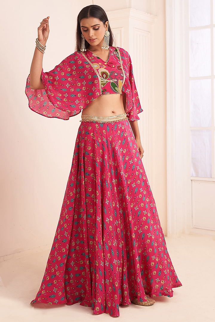 Hot Pink Viscose Crepe Digital Printed Lehenga Set by Affroz at Pernia's Pop Up Shop
