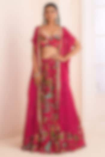 Hot Pink Viscose Crepe Digital Printed Jacket Lehenga Set by Affroz at Pernia's Pop Up Shop