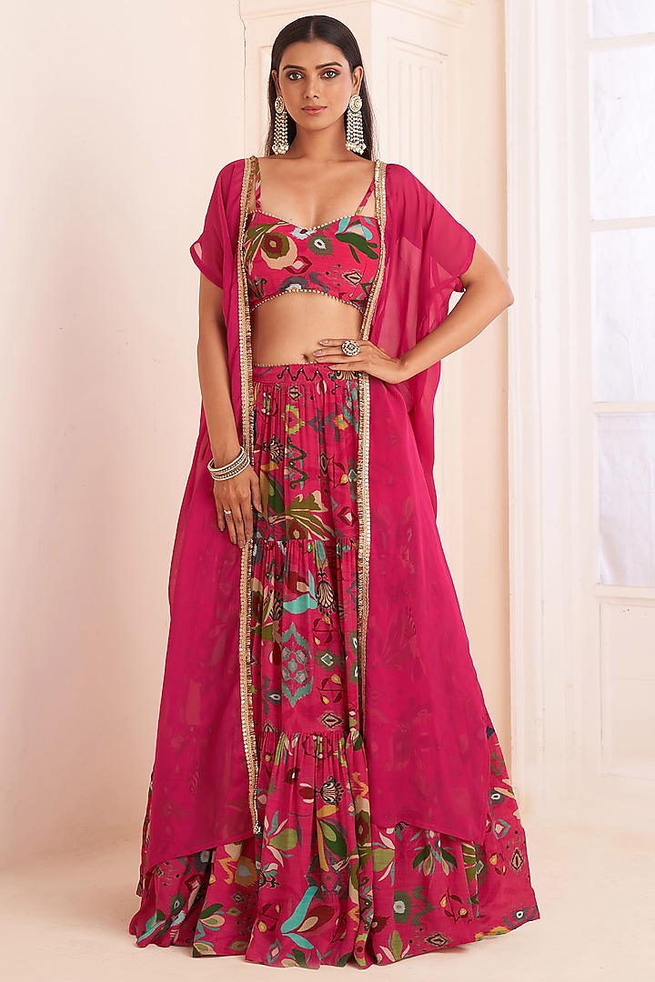 Hot Pink Viscose Crepe Digital Printed Jacket Lehenga Set by Affroz at Pernia's Pop Up Shop