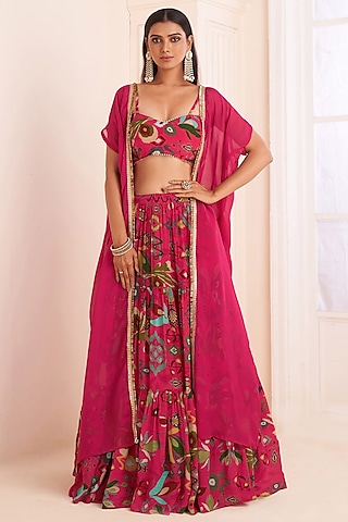 Hot Pink Viscose Crepe Digital Printed Jacket Lehenga Set by Affroz