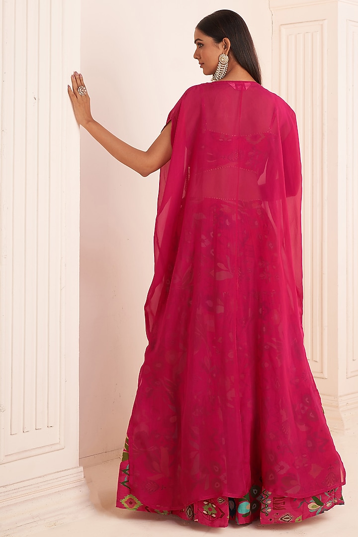 Hot Pink Viscose Crepe Digital Printed Jacket Lehenga Set by Affroz at Pernia's Pop Up Shop