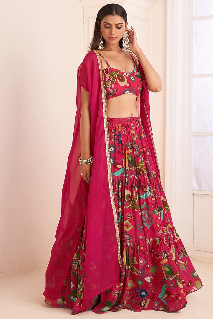 Hot Pink Viscose Crepe Digital Printed Jacket Lehenga Set by Affroz at Pernia's Pop Up Shop
