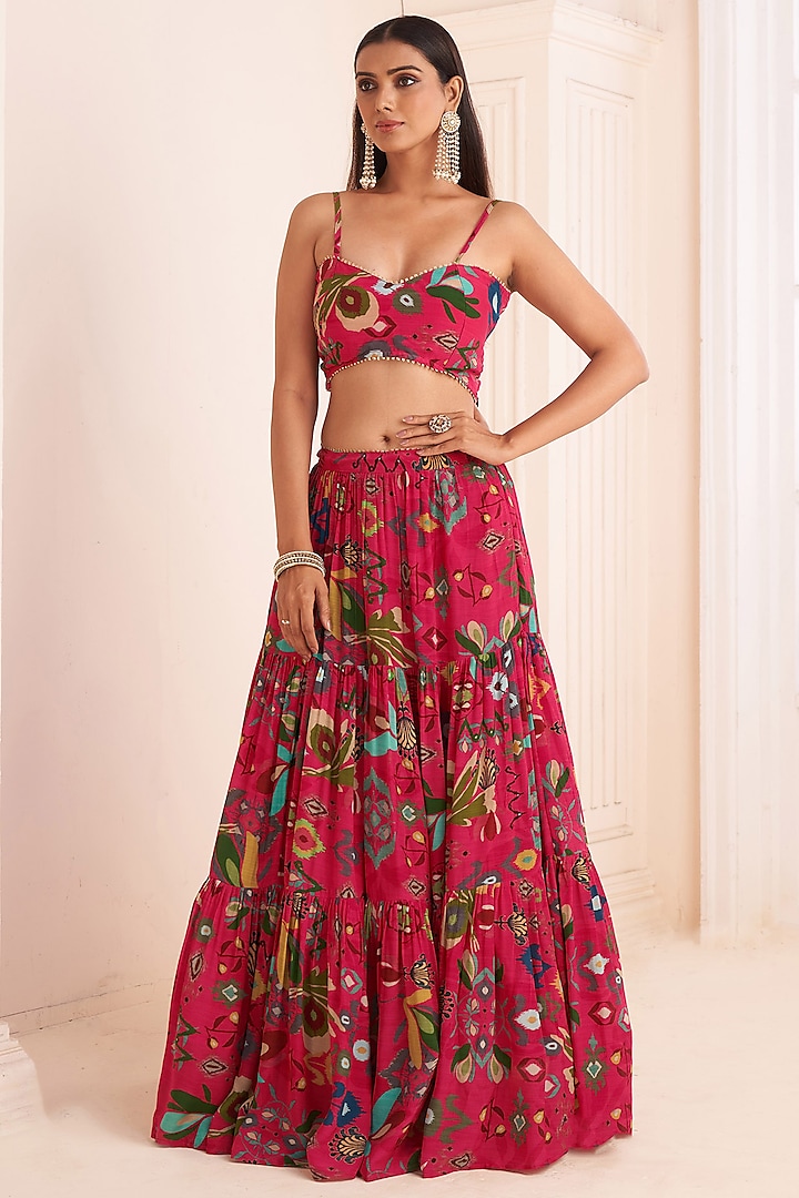 Hot Pink Viscose Crepe Digital Printed Jacket Lehenga Set by Affroz at Pernia's Pop Up Shop