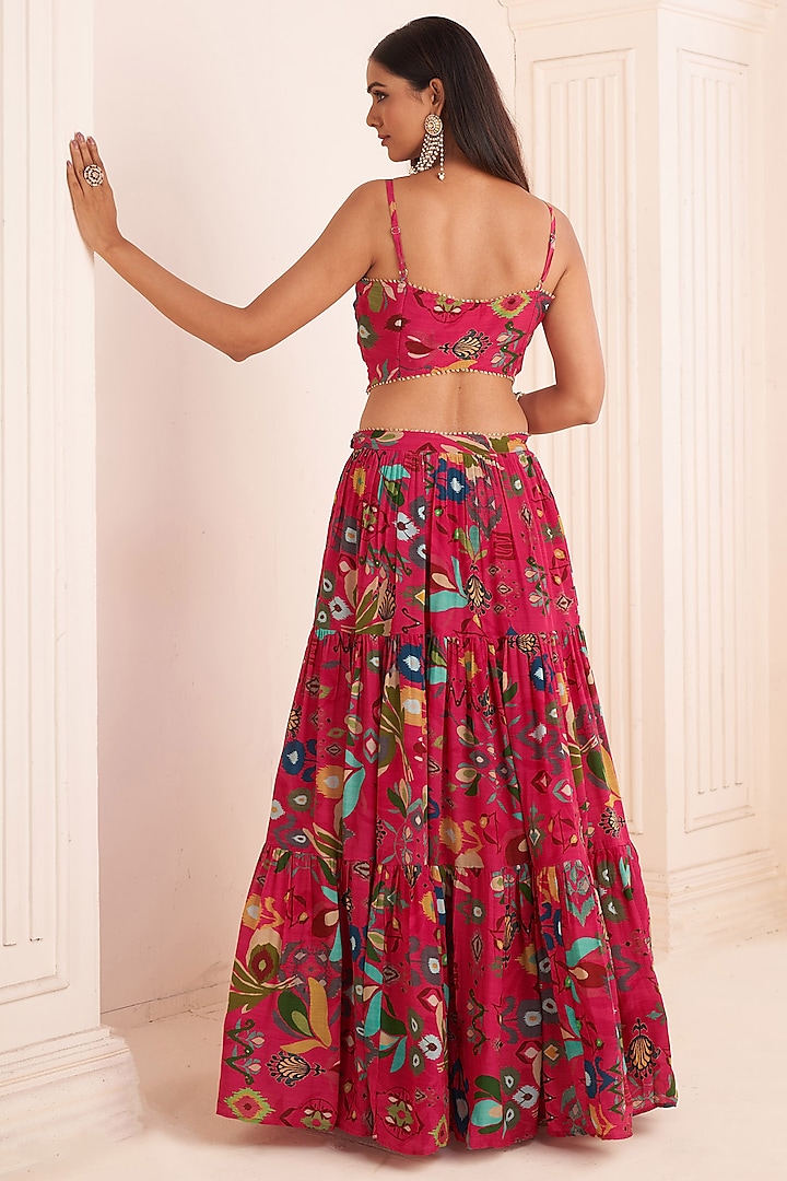 Hot Pink Viscose Crepe Digital Printed Jacket Lehenga Set by Affroz at Pernia's Pop Up Shop