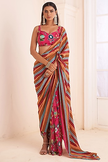 Pink Viscose Crepe Striped Party Wear Saree Set by Affroz at Pernia's Pop Up Shop