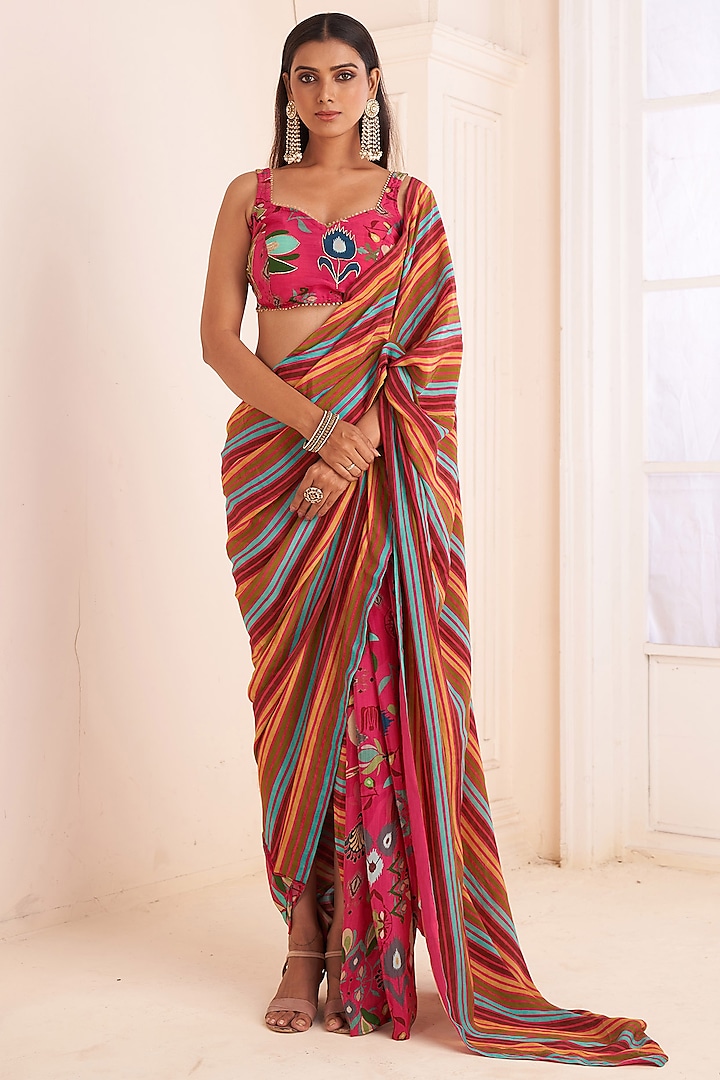 Pink Viscose Crepe Striped Saree Set by Affroz at Pernia's Pop Up Shop