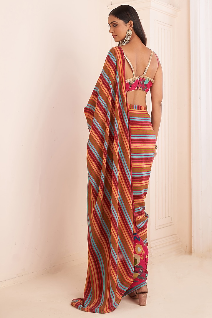 Pink Viscose Crepe Striped Party Wear Saree Set by Affroz at Pernia's Pop Up Shop