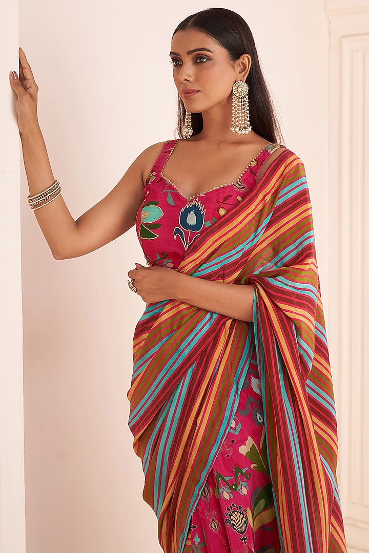 Pink Viscose Crepe Striped Party Wear Saree Set by Affroz at Pernia's Pop Up Shop