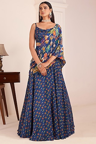 Royal Blue Viscose Crepe Digital Printed Lehenga Saree Set by Affroz