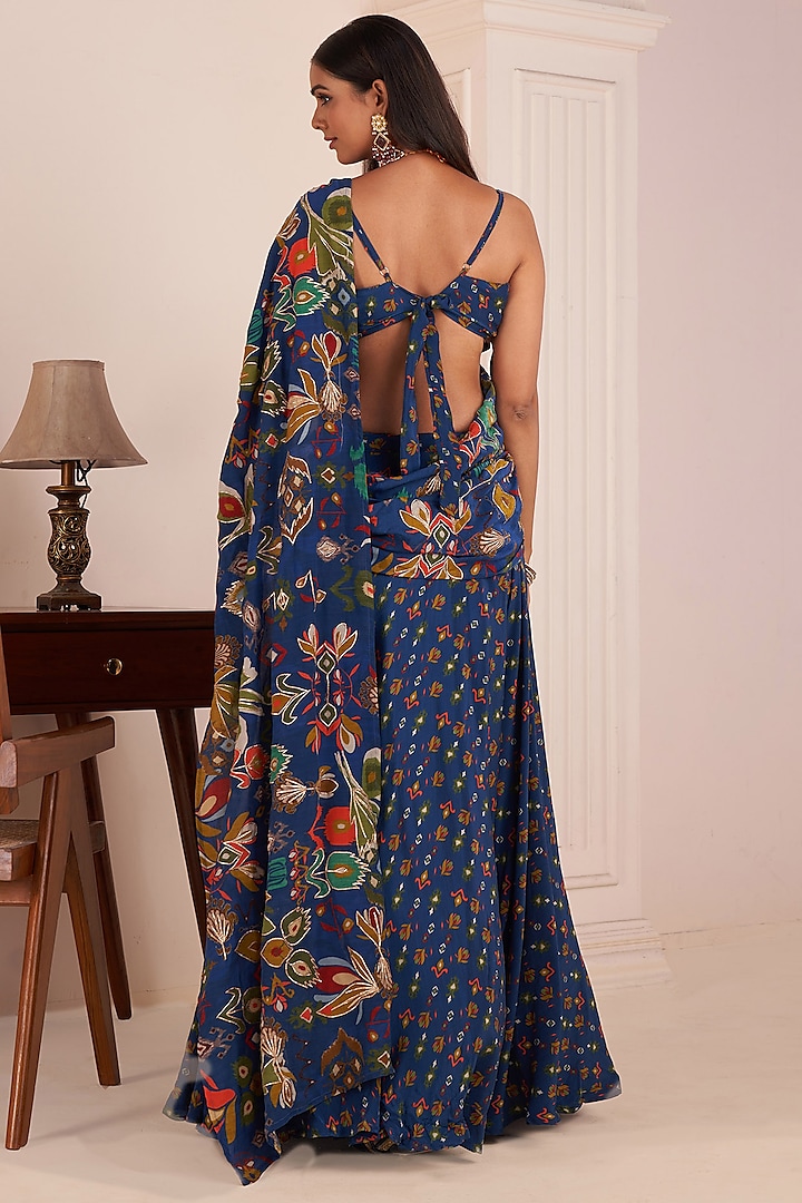 Royal Blue Viscose Crepe Digital Printed Party Wear Lehenga Saree Set by Affroz at Pernia's Pop Up Shop