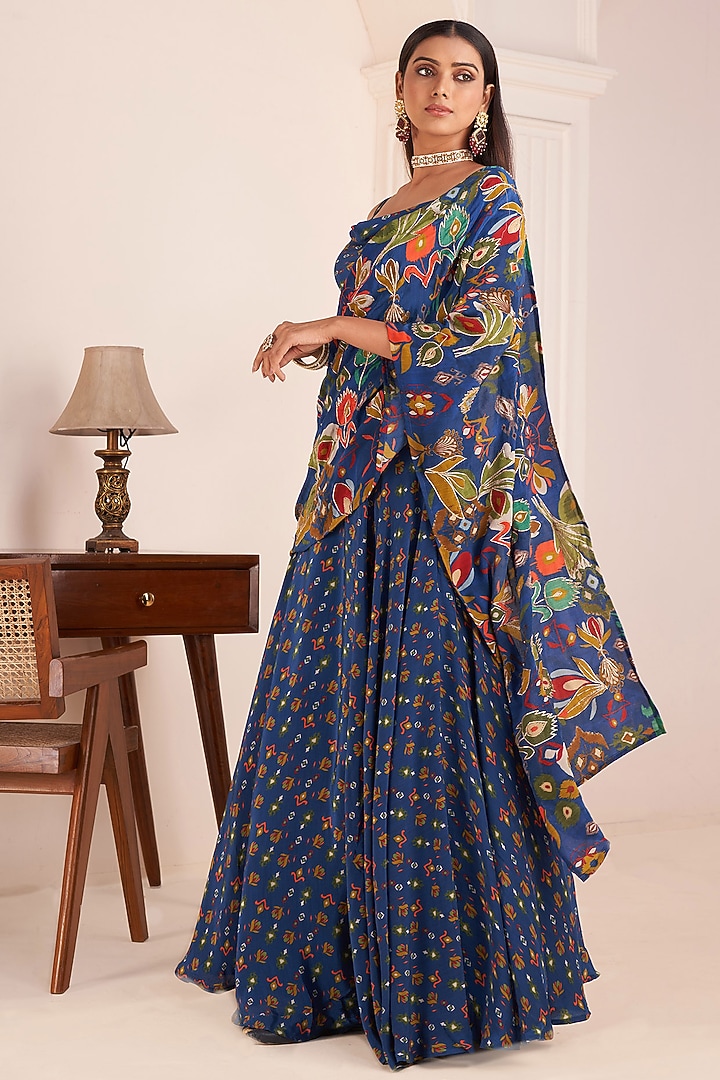 Royal Blue Viscose Crepe Digital Printed Party Wear Lehenga Saree Set by Affroz at Pernia's Pop Up Shop