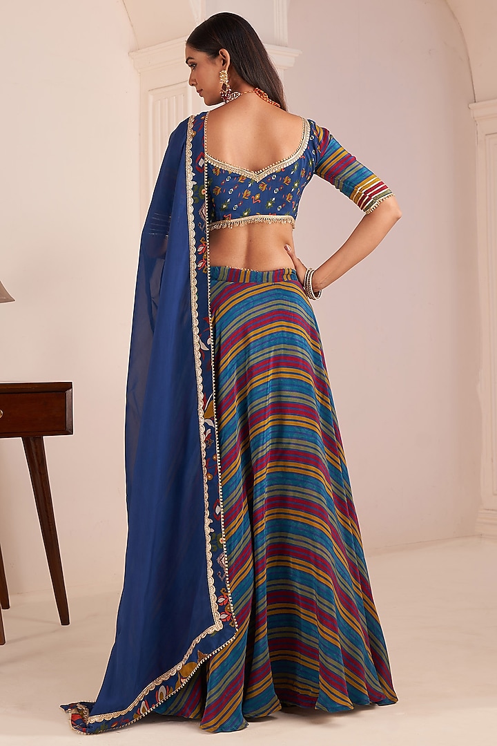 Blue Viscose Crepe Striped Digital Printed Lehenga Set by Affroz at Pernia's Pop Up Shop