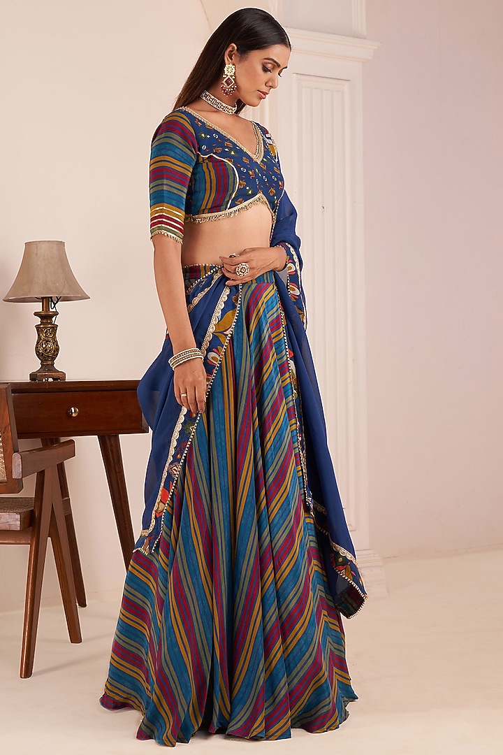 Blue Viscose Crepe Striped Digital Printed Lehenga Set by Affroz at Pernia's Pop Up Shop
