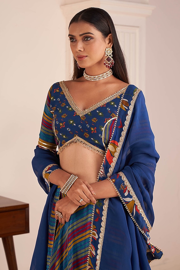 Blue Viscose Crepe Striped Digital Printed Lehenga Set by Affroz at Pernia's Pop Up Shop