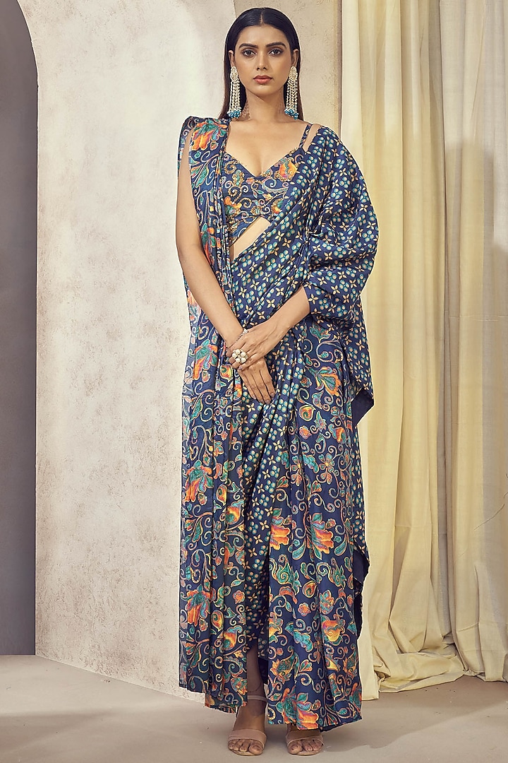 Blue Paisley Printed Drape Saree Set by Affroz