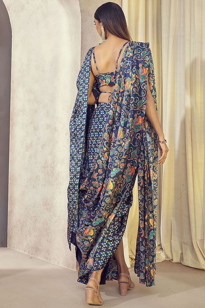 Blue Paisley Printed Drape Party Wear Saree Set by Affroz at Pernia's Pop Up Shop