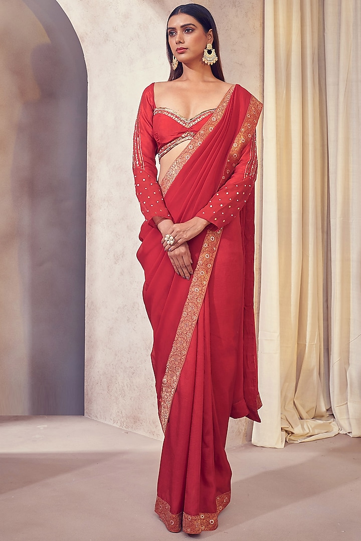 Red Embroidered Saree Set by Affroz