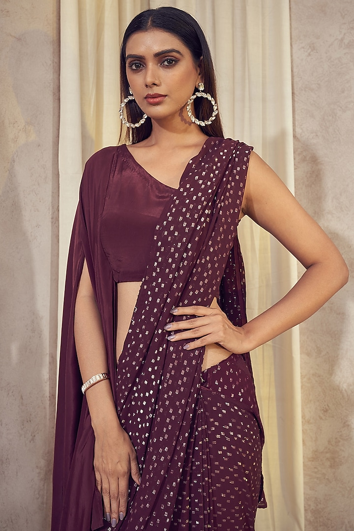 Wine Georgette Festive Saree Set by Affroz at Pernia's Pop Up Shop
