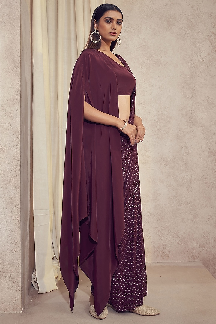 Wine Georgette Festive Saree Set by Affroz at Pernia's Pop Up Shop