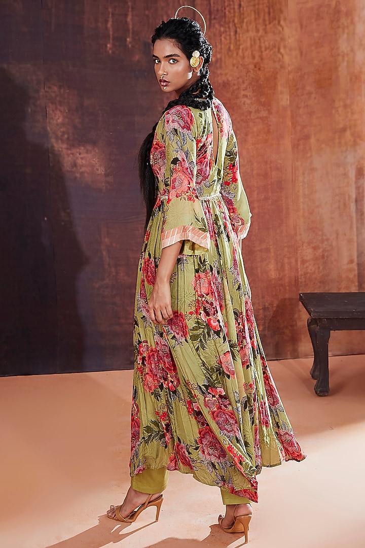 Moss Green Natural Crepe Printed & Embroidered Party Wear Anarkali Set by Affroz at Pernia's Pop Up Shop