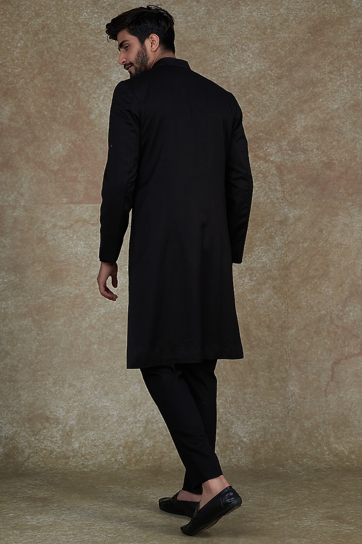 Black Suiting Hand Embroidered Wedding Indowestern Set by Agape Men at Pernia's Pop Up Shop