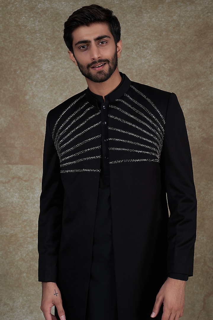 Black Suiting Hand Embroidered Wedding Indowestern Set by Agape Men at Pernia's Pop Up Shop