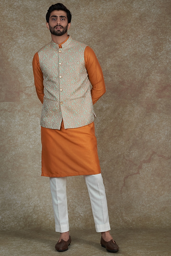 Mint Green Jacquard Paisley Printed Bundi Jacket With Kurta Set by Agape Men at Pernia's Pop Up Shop