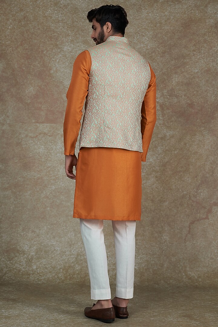 Mint Green Jacquard Paisley Printed Bundi Jacket With Kurta Set by Agape Men at Pernia's Pop Up Shop