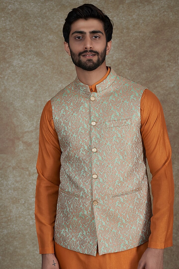 Mint Green Jacquard Paisley Printed Bundi Jacket With Kurta Set by Agape Men at Pernia's Pop Up Shop
