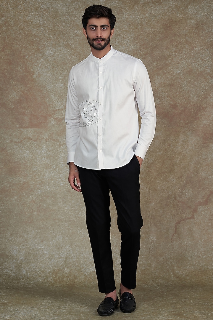White Cotton Thread Embroidered Shirt by Agape Men