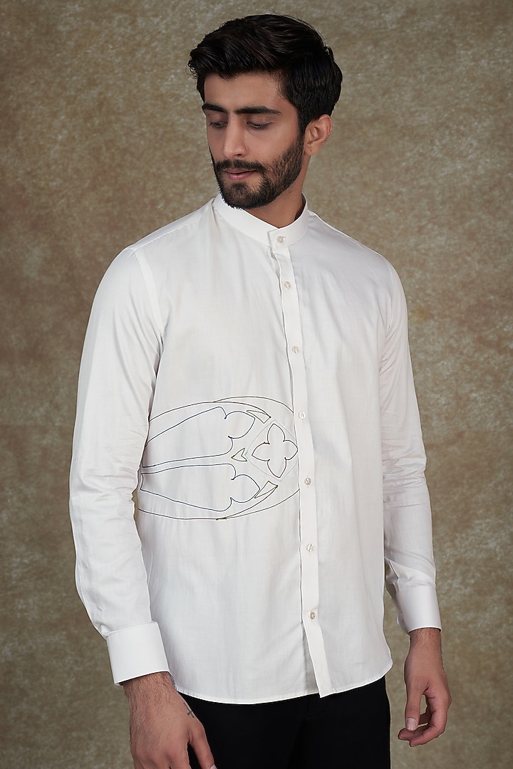 White Cotton Thread Embroidered Party Wear Shirt by Agape Men at Pernia's Pop Up Shop
